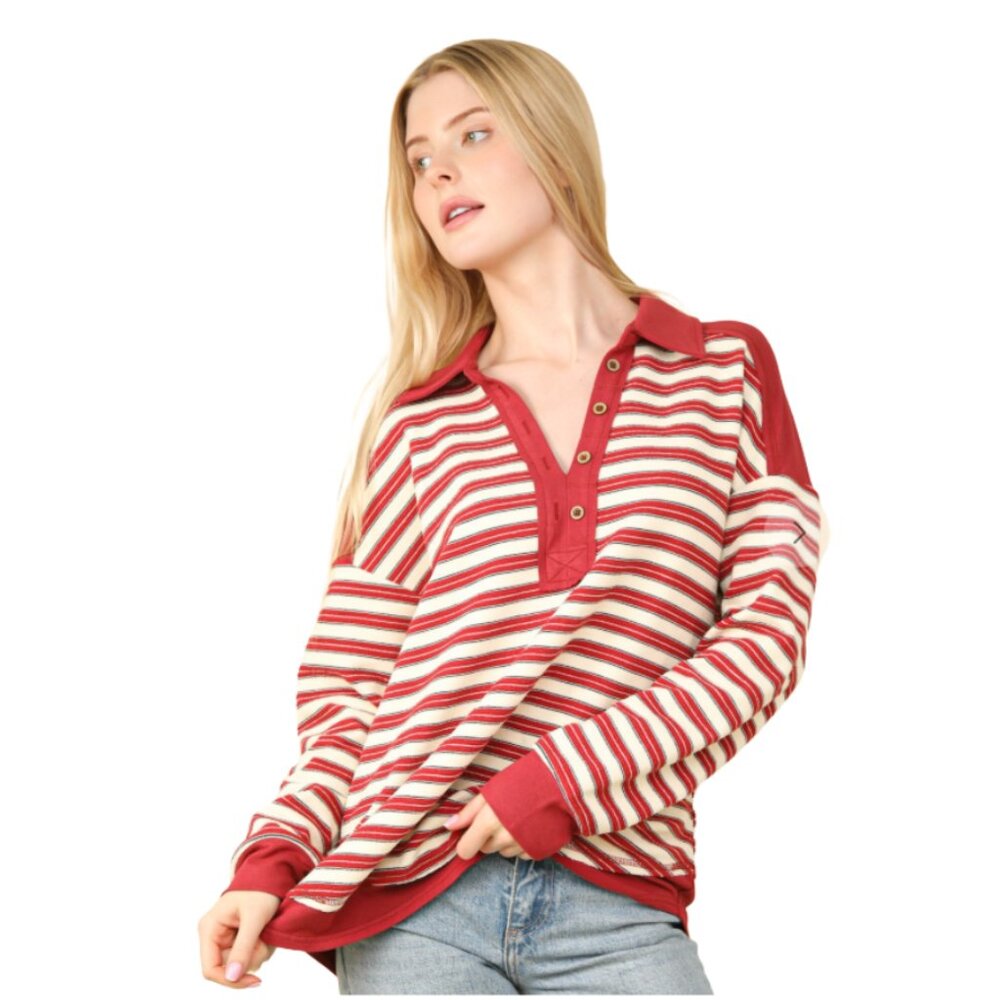 113 $22. Live Start, NWT Very J Solid Contrast Collar Button Trim StripeKnit Top